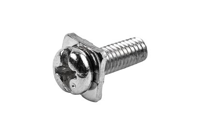[E] น็อตยึดสายไฟ สแตนเลสชุบนิกเกิ้ล M4x12 mm พร้อมแหวนทรงสี่เหลี่ยม ขนาด 8x8 mm